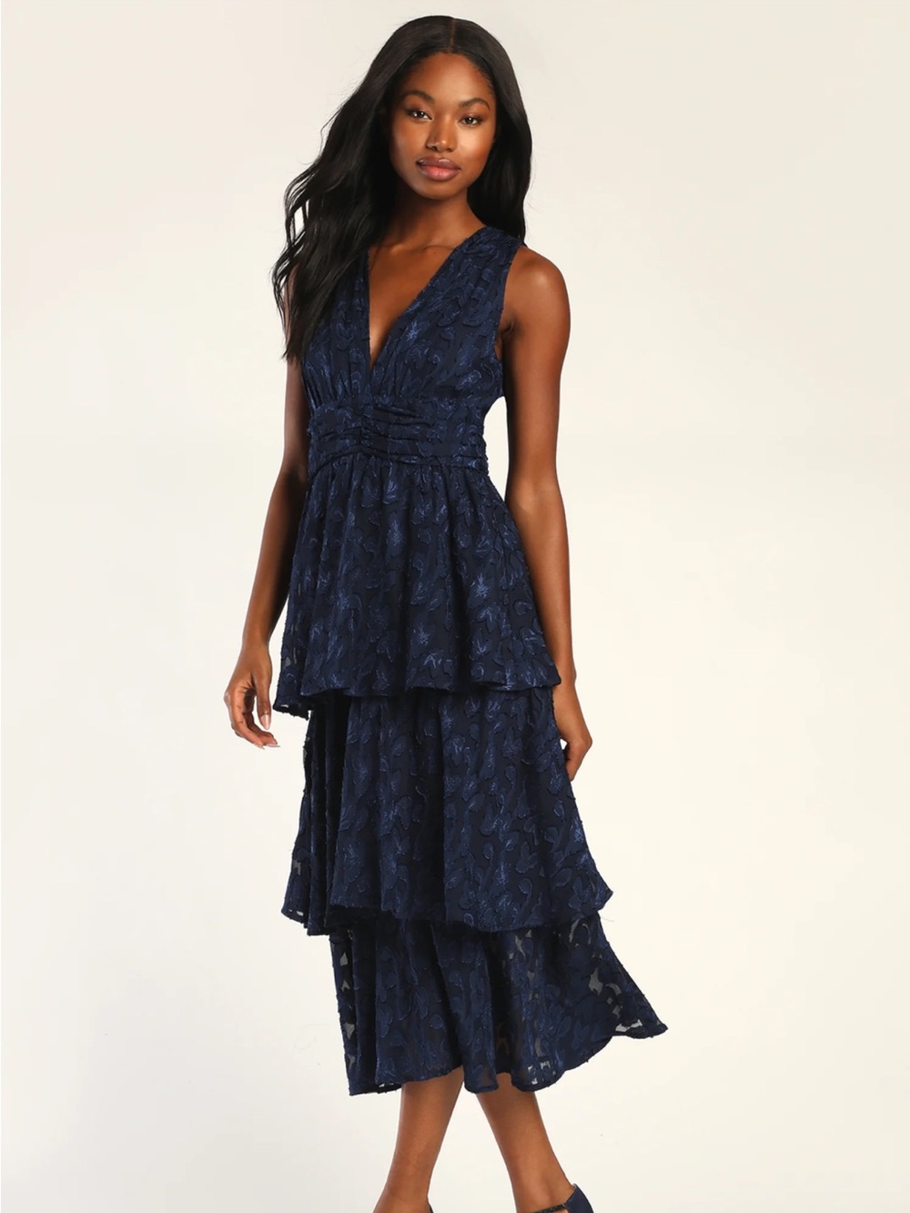 Lulus Make it Mesmerizing Sleeveless Navy Tiered V-Neck Midi Dress. PTP is 18